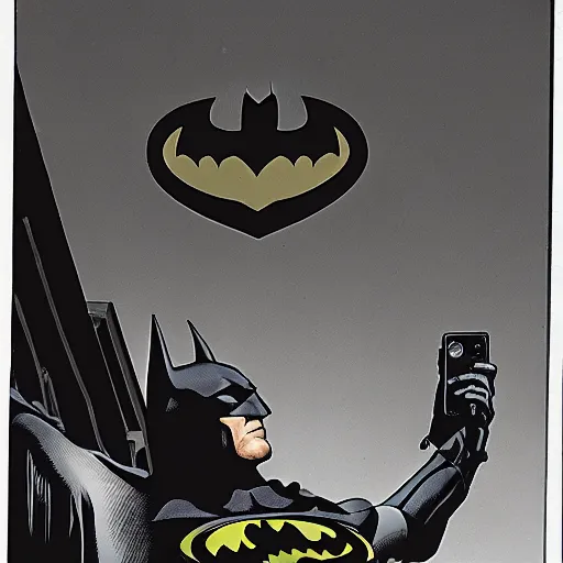 Prompt: batman taking a selfie with the bat - signal atop the gcpd, 3 5 mm