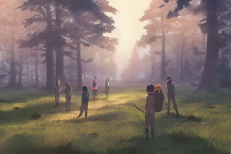 Image similar to cell shaded key visual of a group nomads hunting in a misty forest at dawn in the style of studio ghibli, moebius, makoto shinkai,