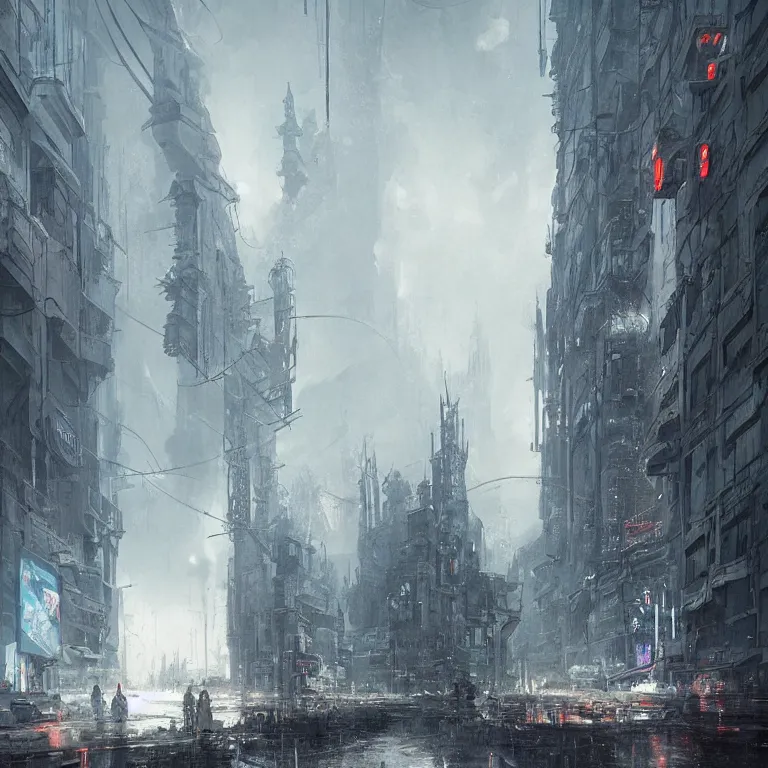 Image similar to cyberpunk depiction of the city of gdansk during arctic conditions by greg rutkowski