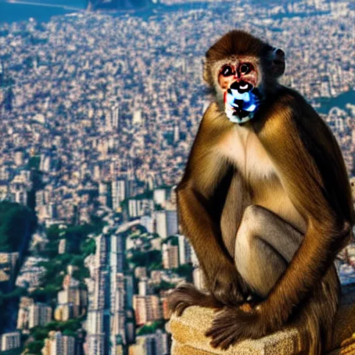 Image similar to high quality portrait of a monkey in front of Christ The Redeemer, studio photograph, photograph, realistic photo, 8k photo, 4k photo, stock photo, high resolution, cinematic shot, high detail