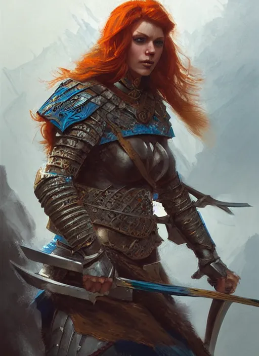 Image similar to highly detailed painting of a warrior woman commander, knight, icelandic, redhead, blue - eyes, high fantasy, dungeons and dragons art by jon foster trending on artstation painted by greg rutkowski, painted by stanley artgerm