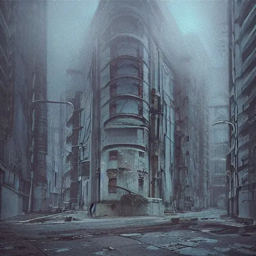 Prompt: “a city lost to time, empty, overgrown, desolate, foggy, atmospheric, subtle horror by studio ghibli”