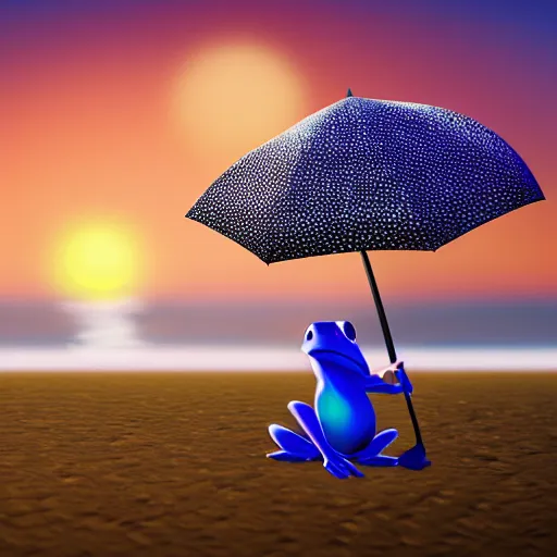 Prompt: frog on the beach with an umbrella next to him, watching a beautiful sunrise, digital art, highly detailed