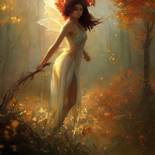 Prompt: beautiful autumn fairy by greg rutkowski, fantasy, realism, trending on artstation