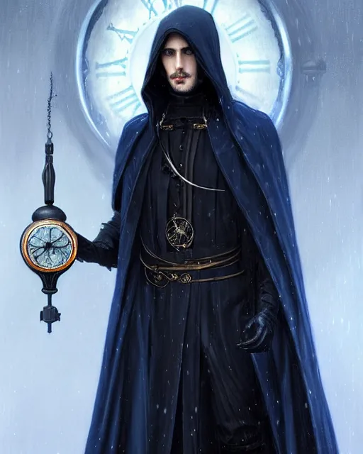 Prompt: handsome male time mage using a mechanical clock, long black hair blue eyes wearing cloth mantle gothic navy cloak with leather details, cliffside town, fantasy character portrait, ultrarealistic, intricate details, elegant, cinematic lighting, highly detailed, artstation, cgsociety, sharp focus, beautiful digital painting by artgerm, gerald brom, wlop, alphonse mucha