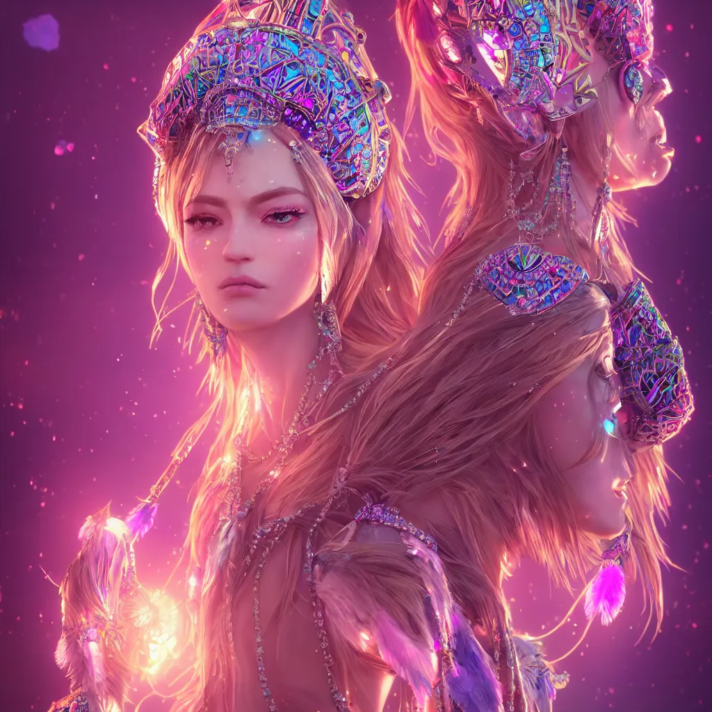 Image similar to portrait highly detailed beautiful symmetrical face high priestess intricate elegant detailed crystal jewellery with tribal feathers, lush colourful volumetric lighting, anime digital painting, concept art, smooth, sharp focus 3 d, divine realm of gods, realistic cinematic style, octane render, photographic, unreal engine 8 k