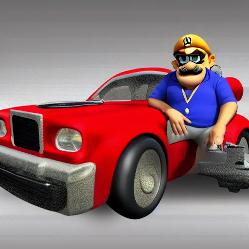 Image similar to wario as a shady car salesman, realistic, 4 k, hd.