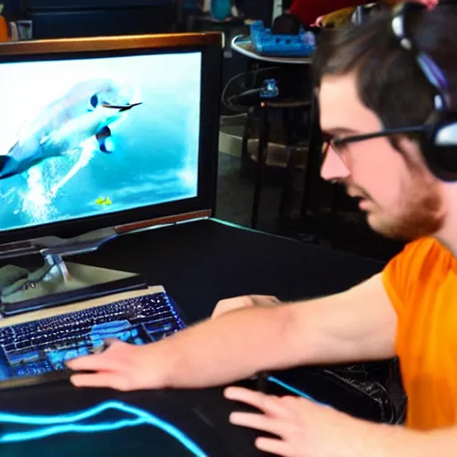 Image similar to A dolphin Twitch streaming playing video games on a computer