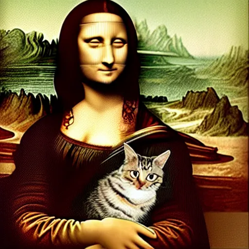 Prompt: the mona lisa overlayed with a cat face