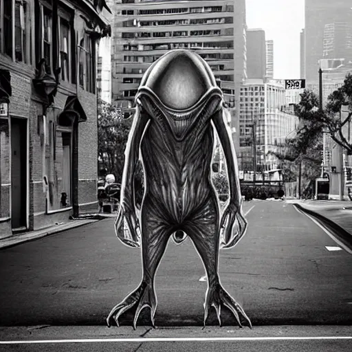 Image similar to alien monster on a city street, realistic