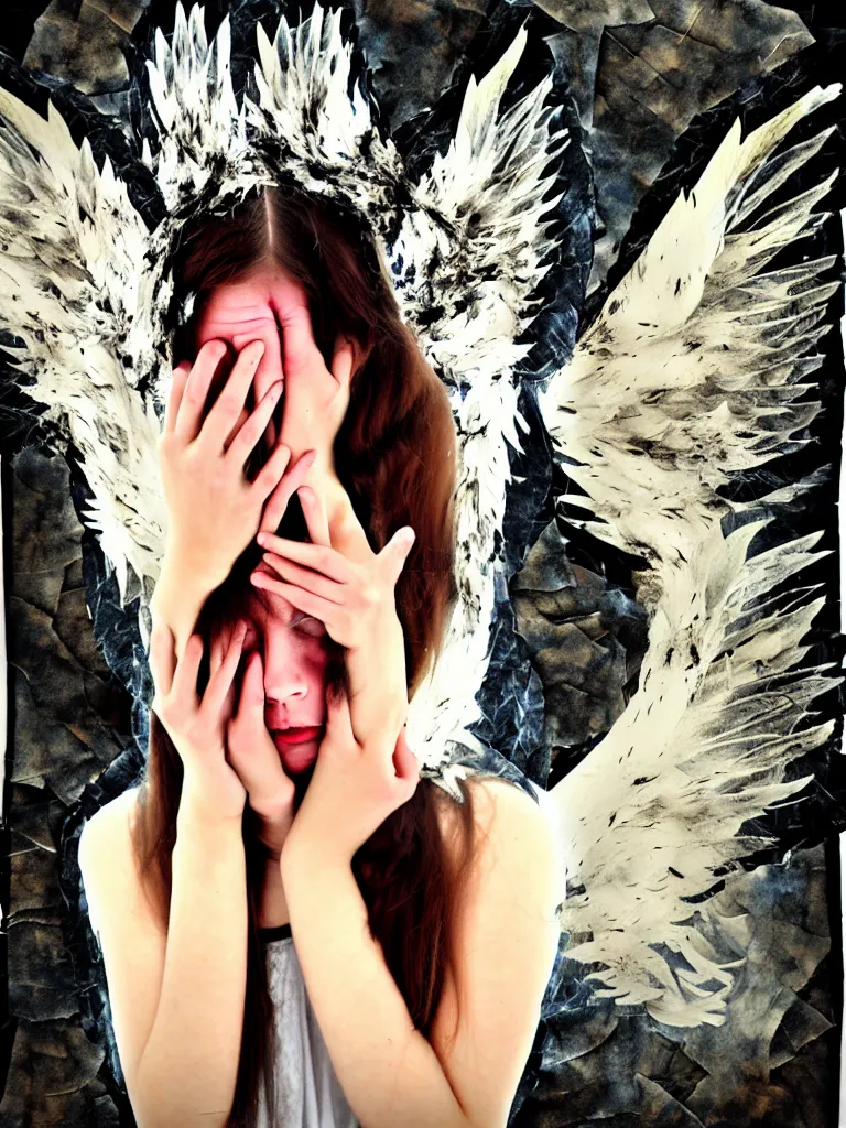 Prompt: a young adult angelgirl soft crying with lots of hands on her face and ratty feathered angel wings, stressed and burnt out, collage effect, collaged, torn paper, overexposure, overexposed, high exposure