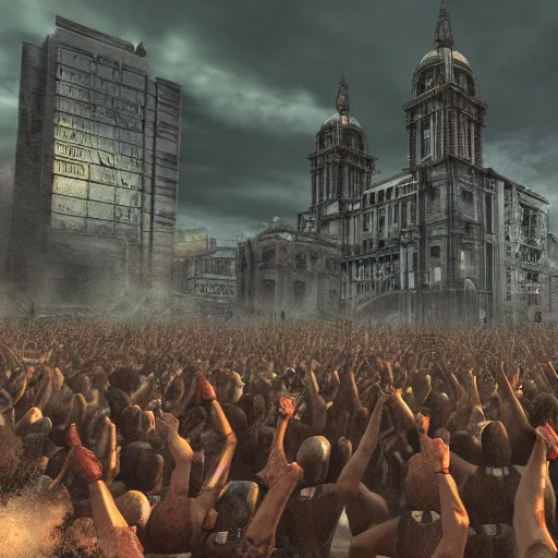 Image similar to city of hell, heavy metal rock city of hell, people in the city headbanging and marching like they do in a moshpit, realistic, hdr, clear image, hdd, dynamic lighting, rtx on,