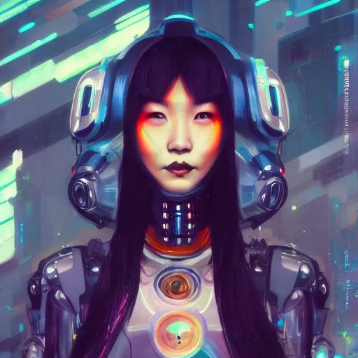 Image similar to a portrait of an asian girl as a beautiful cybernetic techno queen, japanese woman, cyberpunk concept art by pete mohrbacher and wlop and artgerm josan gonzalez and syd mead, digital art, highly detailed, intricate, sci-fi, sharp focus, Trending on Artstation,