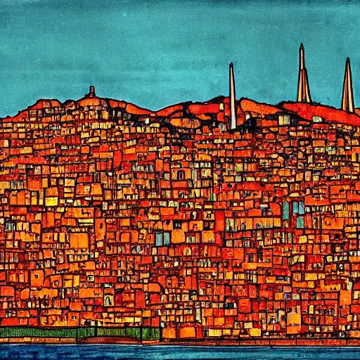 Image similar to scientific illustration of san francisco skyline, egon schiele portrait style