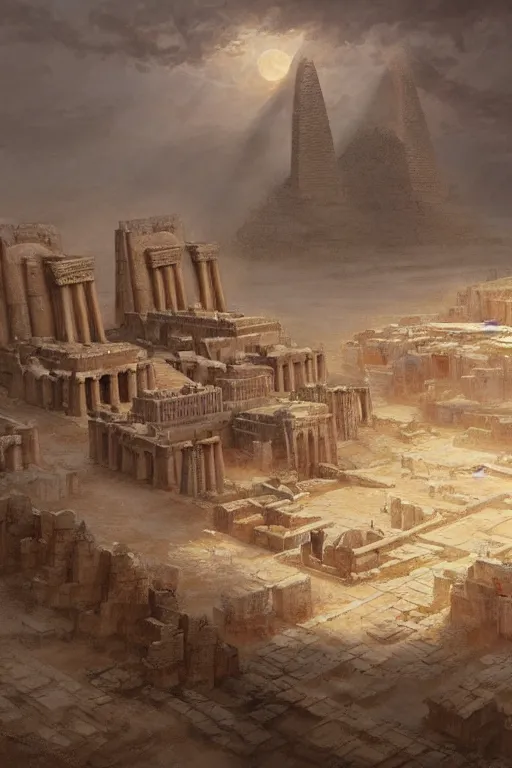 Prompt: a fantasy concept artwork depicting the ancient temple city of luxor seen from above when the sandstorm is approaching by anders zorn, craig mullins and greg rutkowski, very dramatic light