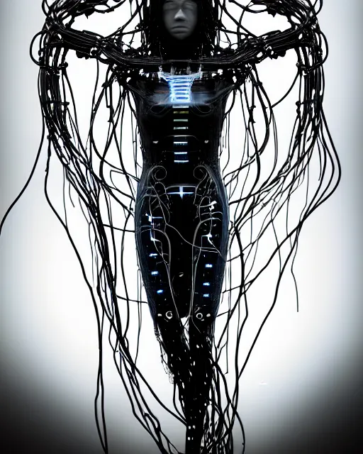 Image similar to black and white young cyborg-human-jellyfish-plant goddess high quality photo, microchip, artificial intelligence, bio-mechanical bio-luminescence, black wired cables, neurons, nerve cells, octane render, cinematic, rim light, hyper realism, photo-realistic, high detail, 8k, masterpiece, high fashion, in the style of H.G. Giger