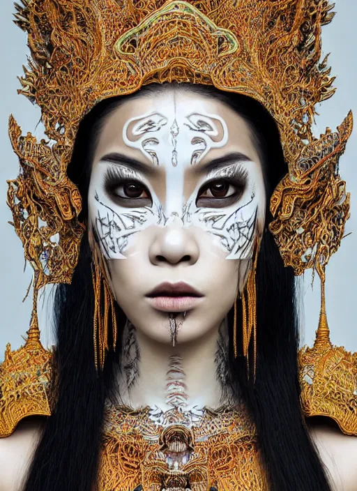 Image similar to a fierce looking beautiful young thai woman with symmetrical white makeup, wearing an intricate headdress made from bones and leather, wearing large earrings made from white bones, hyperdetailed illustration by irakli nadar and alexandre ferra, intricate linework, in the style of a national geographic portrait, unreal engine 5 highly rendered, global illumination, radiant light, detailed and intricate environment