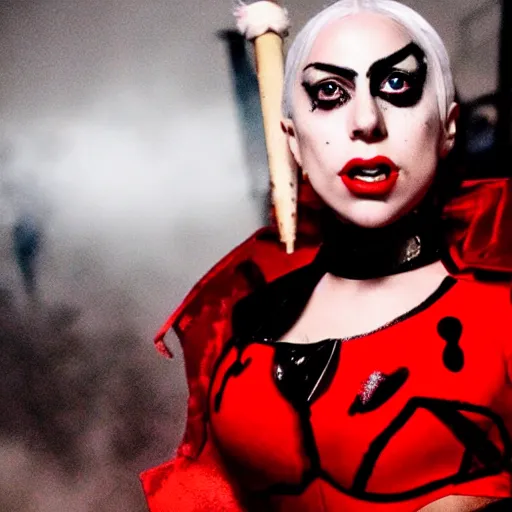 Image similar to Lady Gaga as real-life Harley Quinn, cinematic, Low angle, atmospheric fog and lighting, directed by Michael Bay, movie still, photography