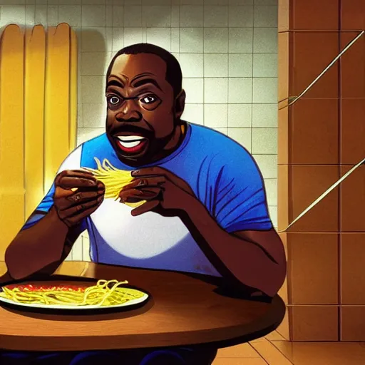 Image similar to levar burton eating spaghetti in a bathroom concept art, ultra realistic, digital art, rich deep colors, smooth shadows, high resolution, cinematic