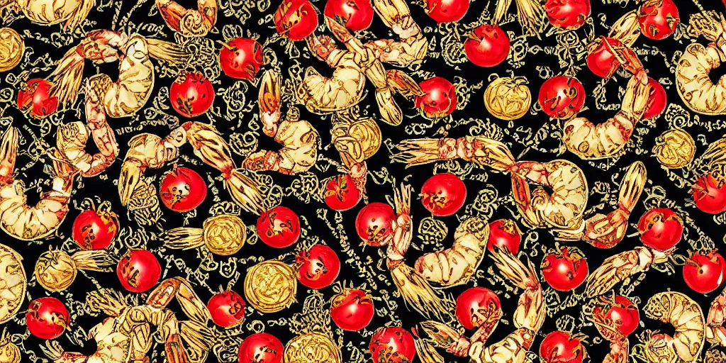 Prompt: versace gucci textile print detailed intricate tomatos shrimp design gold black digital file high resolution