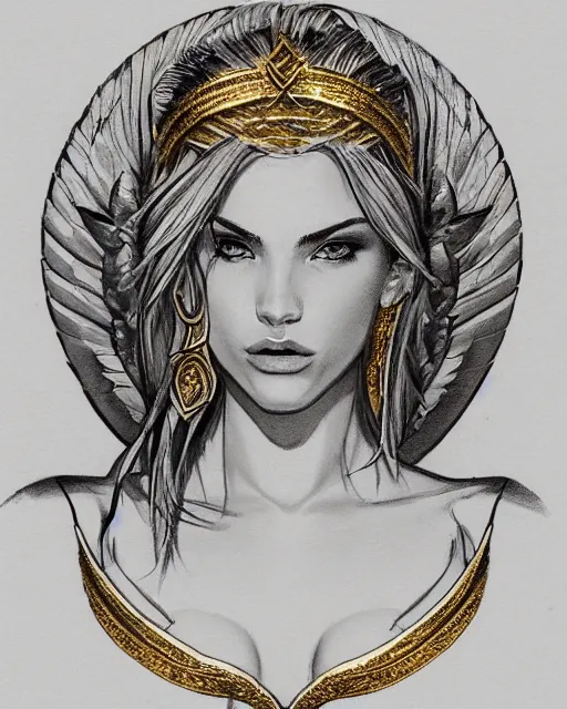 Image similar to tattoo design sketch of hot blonde super model as aphrodite greek goddess wearing a gold laurel wreath and triangle earrings, beautiful piercing gaze with sharp pupils, in the style of greg rutkowski, fantasy, amazing detail, epic, elegant, smooth, sharp focus, front view