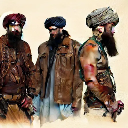 Prompt: portrait of taliban and leather men at gay pride in brighton, real life skin, intricate, elegant, highly detailed, artstation, concept art, smooth, sharp focus, art by artgerm and greg rutkowski and alphonse mucha