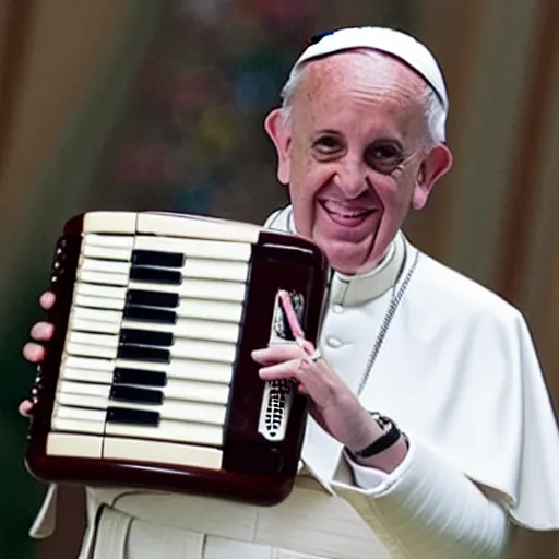 Image similar to realistic photograph of Luciana Littizzetto playing the accordion for Pope Francis, 2019, afternoon