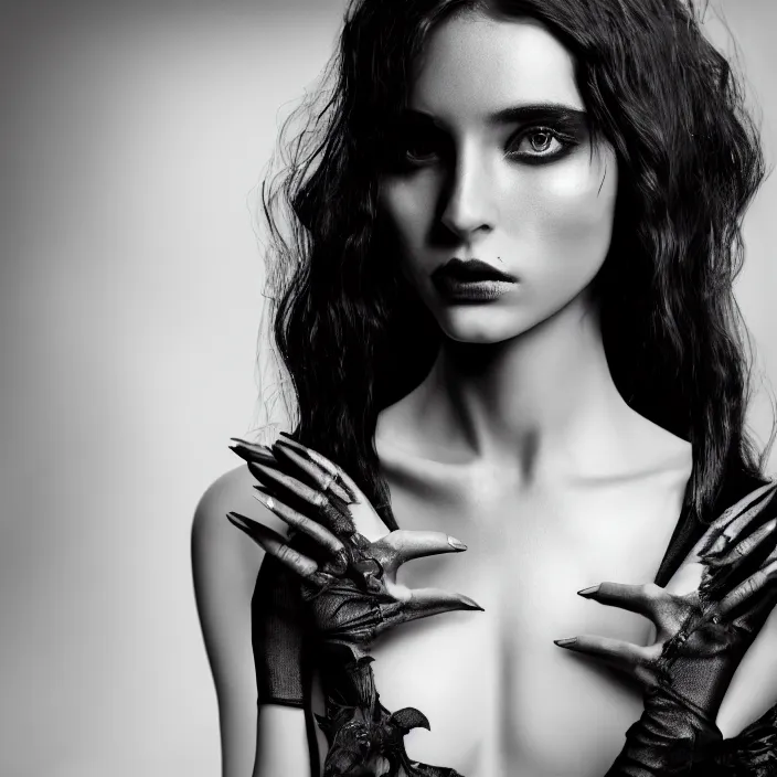 Image similar to young beautiful woman, gorgeous face, black and white photography, high fashion, full - body, 8 k, unreal engine 5, ultra sharp focus, art by victoria siemer, kirsty mitchell, laura zalenga