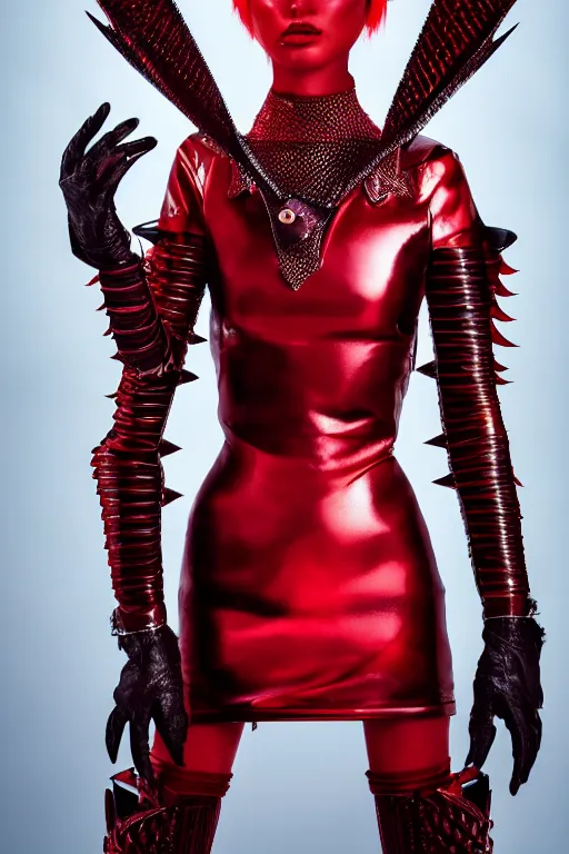 Image similar to very beautiful demon top model, red hair, wearing louis vuitton armor, luxury materials, symmetrical, cinematic, elegant, professional studio light, real dlsr photography, sharp focus, 4 k, ultra hd, sense of awe, high fashion