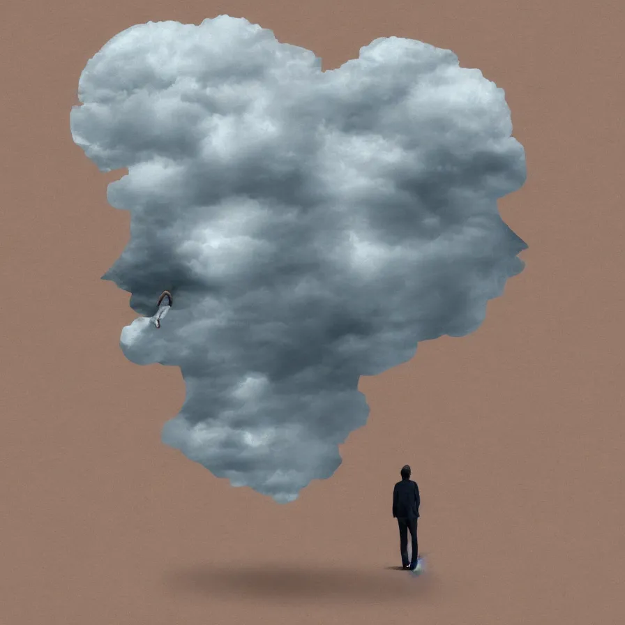 Image similar to artwork of a headless man with one stormy cloud floating above his shoulders