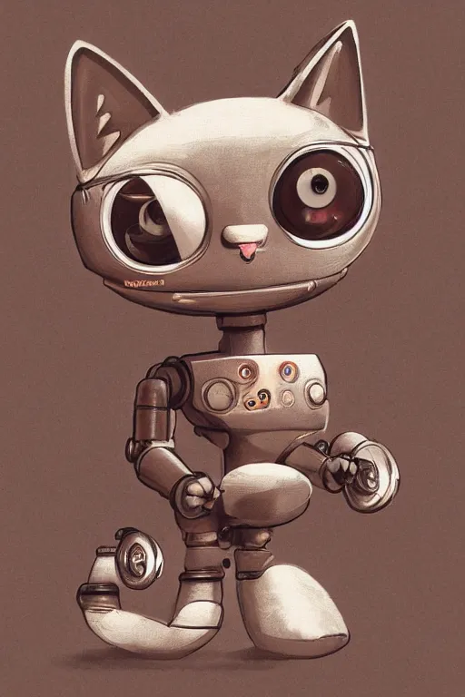 Image similar to a cute cat robot in a metropolitan city, painted by wally wood and matt jefferies, trending on artstation, steam punk, bright macro view pixar, award - winning, blueprint, big eyes, ( ( ( copper ) ) ) wire whiskers, chillwave, realism