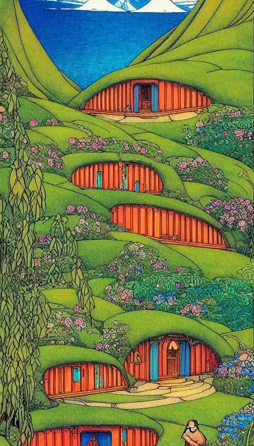 Image similar to hobbit monastery on hawaii, shipping containers emerging from hillside, prefab mini homes, by Ivan Bilibin, Lisa Frank