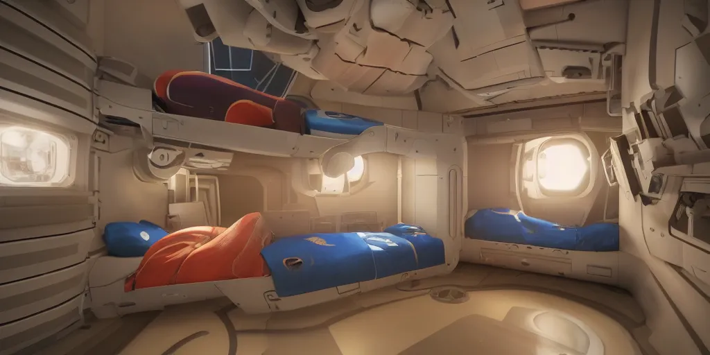 Image similar to Room of a spacecraft, with a bunk bed, Light light atmosphere, warm tones, lights, gloom and lights, warm tones, warm colors, photo realistic, playing, CGI, Unreal Engine, Hdri