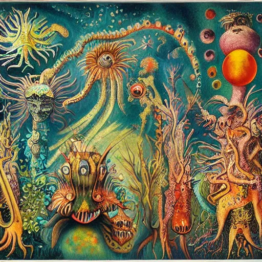 Image similar to whimsical monsters repressed in the depths of the unconcscious, surreal oil painting by Ronny Khalil and Kandinsky, drawn by Ernst Haeckel, as an offering to Zeus