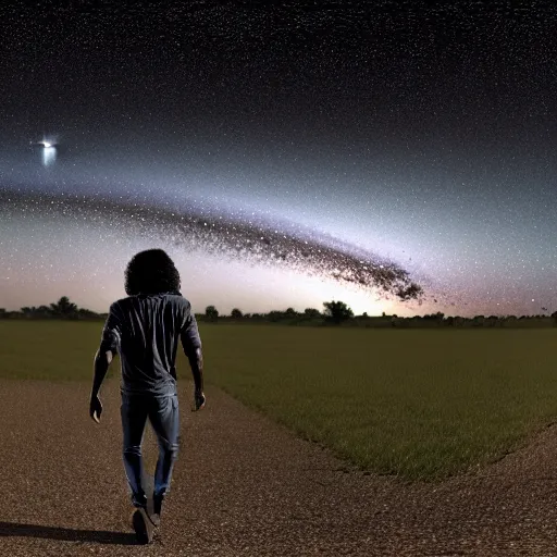 Image similar to a black man with long curly hair, with his back turned, walking into a deep dark florest, Andromeda Galaxy on the background sky, photorealistic, 20mm lens wide panoramic shot, 8k, 4k, realistic, detailed, artstationHD, artstationHQ