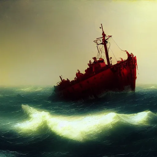 Image similar to bloody ocean, rusted iron ship sinking in red blood ocean, by Ivan Aivazovsky, junji ito, hd 8k