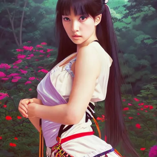 Image similar to a beautiful young japanese natalie portman alluring gravure model, wearing elaborate elegant designer overalls, elegant overalls with mesoamerican patterns, mesoamerican native street fashion, by akira toriyama and wlop and ilya kuvshinov and artgerm and, aesthetic, gorgeous, stunning, alluring, attractive, artstation, deviantart, pinterest, digital art