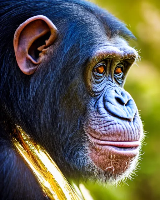 Image similar to gold, blue, photo of a chimpanzee, 8 k, 8 5 mm f 1. 8