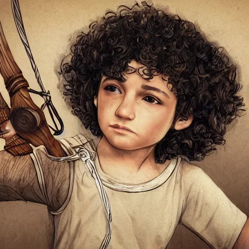 Prompt: highly realistic boy with curly brown hair and brown eyes, a wooden bow on his back, highly detailed and intricate, concept art illustration