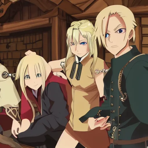 Prompt: young blonde boy fantasy thief in a tavern surrounded by friends, full metal alchemist, anime style