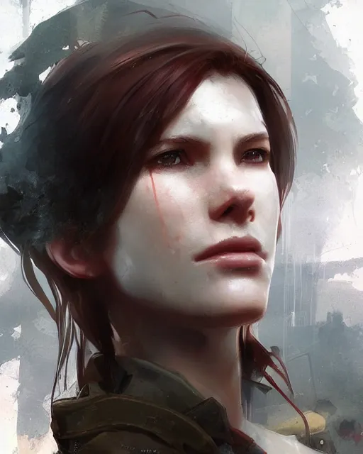 Prompt: beautiful charismatic, rugged claire redfield, face centered portrait, confident, fog, rain, volumetric lighting, soft light particles floating near her, illustration, perfectly shaded, soft painting, art by krenz cushart and wenjun lin