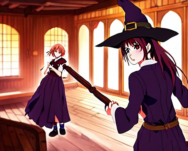 Image similar to key anime visual portrait of a young female witch in a tavern interior defending a companion, dynamic pose, dynamic perspective, cinematic, dramatic lighting.