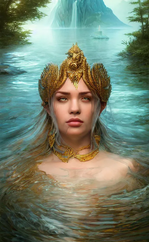 Image similar to the goddess of the lake, highly detailed, d & d, water everwhere fantasy, highly detailed, digital painting, trending on artstation, concept art, sharp focus, global illumination, ray tracing, illustration, art by artgerm and greg rutkowski and fuji choko and viktoria gavrilenko and hoang lap