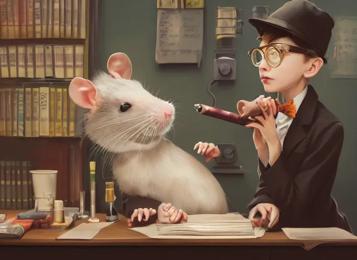 Image similar to portrait of a cute pet rat dressed as an english professor, smoking a pipe, giving a lecture in a university chemistry lab, digital art, artstation, fantasy, cinematic, fine details by realistic shaded lighting poster by ilya kuvshinov katsuhiro otomo, magali villeneuve, artgerm, jeremy lipkin and michael garmash and rob rey