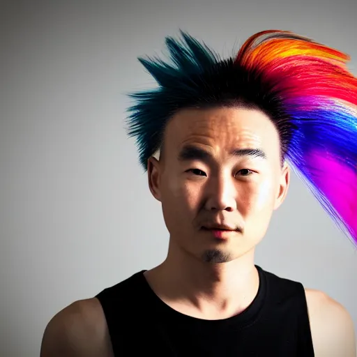 Prompt: chinese man with rainbow mohawk, portrait photo, light coming from the left side