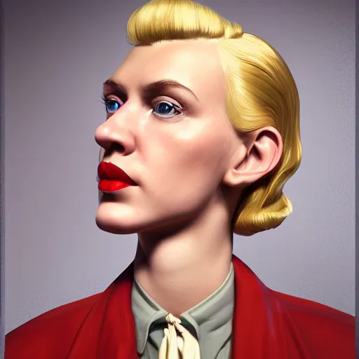 Image similar to A Hearts of Iron IV portrait of a blonde German actress with high cheekbones. Dressed in 1940s style. Highly detailed, fine Art, high detail, great lighting, 8k resolution, masterpiece, concept art, illustration, clear eyes, painting oil on canvas, octane render, HDR, trending on artstation, 4k, 8k, HD