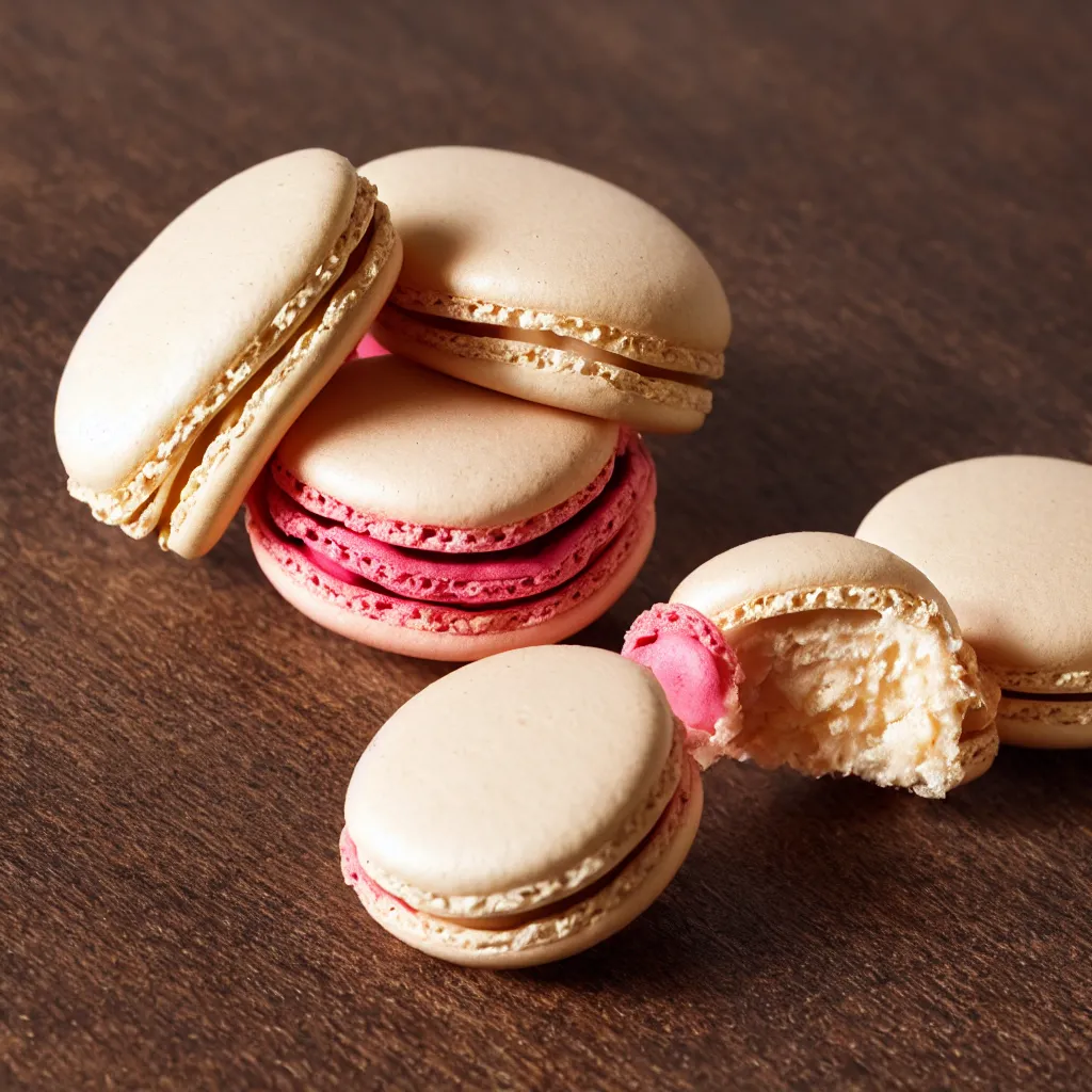 Image similar to close up view of a macaron on top of a wooden table, 8k, photorealistic, proper shading