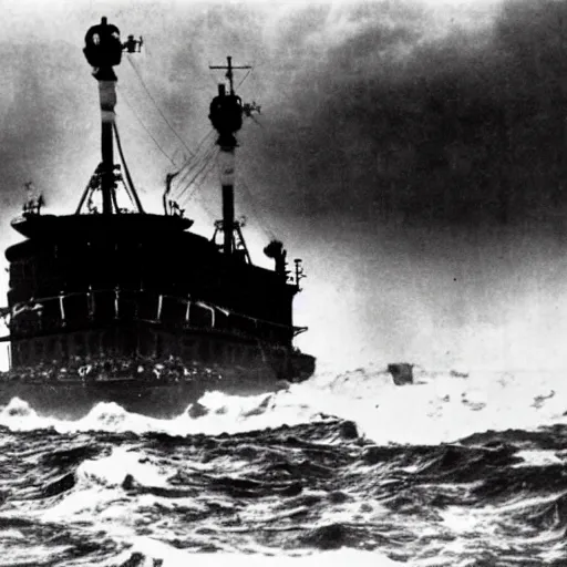 Image similar to giant anomalous machine in the middle of a violent stormy ocean, 1900s photograph