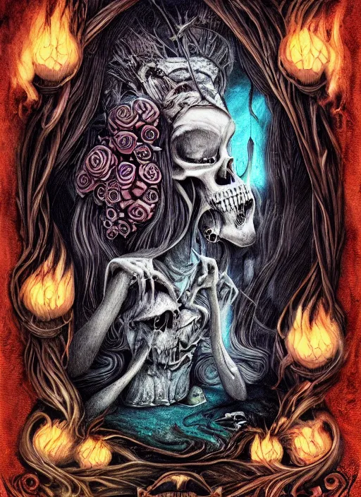 Image similar to alice in wonderland death tarot card, highly detailed, half skull face, cinematic, 8 k, bymegan duncanson, benjamin lacombe, naoto hattori, giger, trending on deviantart, hyper detailed, horror, full of colour