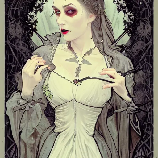 Image similar to Gothic beautiful vampire woman with captivating stare mistress of death mourning widow, white victorian dress, faint smile, shoulder over face, in foggy smoke forest, trending artstation, detailed fantasy portrait academic, sharp focus, alphonse mucha